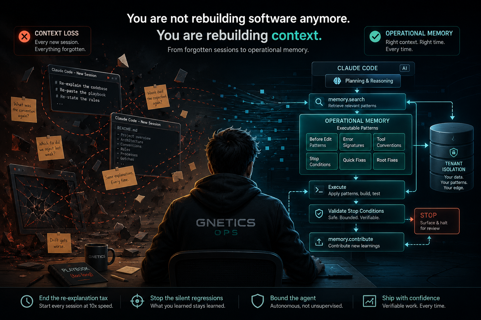 You are not rebuilding software anymore. You are rebuilding context. The operational memory architecture GNETICS OPS uses for AI coding agents: search before coding, execute with patterns, validate stop conditions, contribute back.