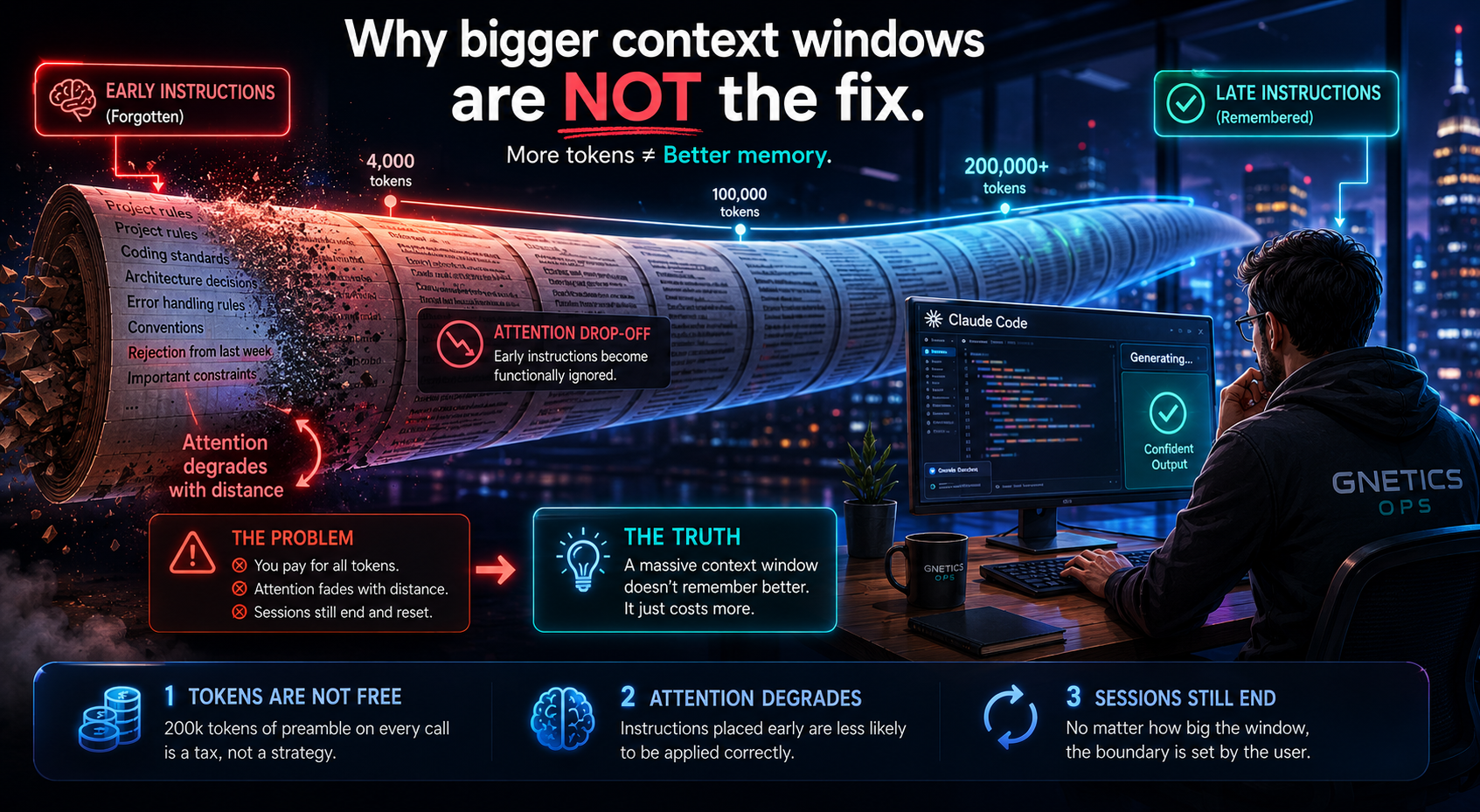 Why bigger context windows are not the fix: as token count grows from 4000 to 200,000+ the early instructions get forgotten by the model while late instructions still get remembered. Attention degrades with distance, tokens are not free, and sessions still end.