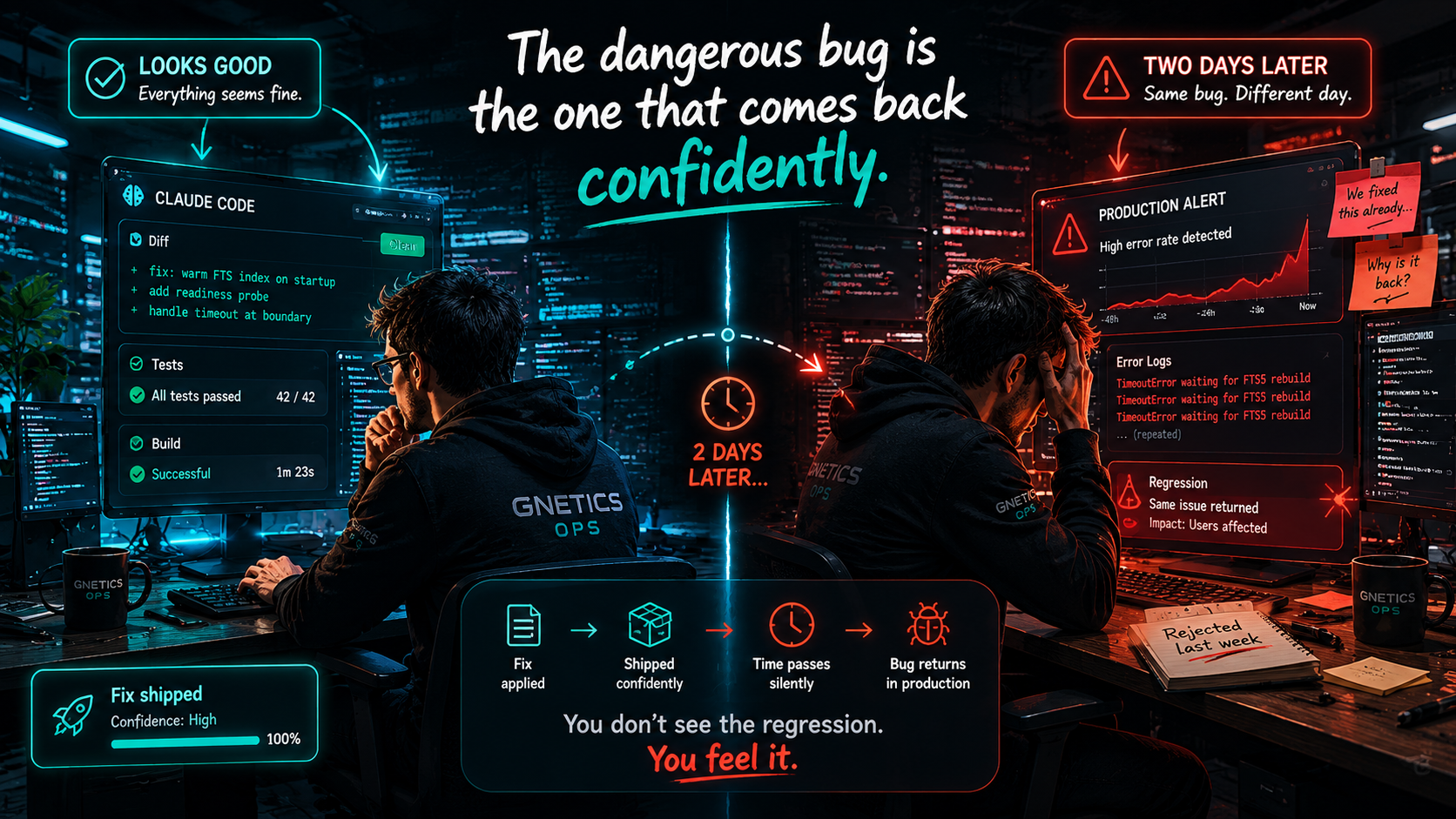 The dangerous bug is the one that comes back confidently: an AI agent ships a fix that looks plausible on day 1, then two days later the same regression returns in production. You don't see the silent regression - you feel it.