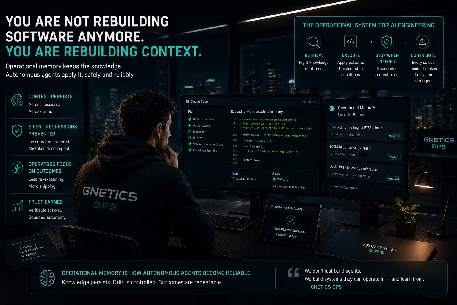 GNETICS OPS - operational memory keeps the knowledge. Autonomous agents apply it, safely and reliably. Context persists, silent regressions prevented, operators focus on outcomes, trust earned. We don't just build agents - we build systems they can operate in and learn from.